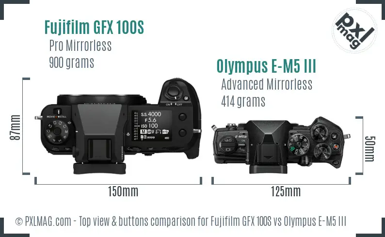 Fujifilm GFX 100S vs Olympus E-M5 III top view buttons comparison