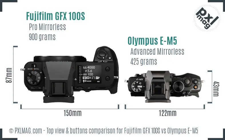 Fujifilm GFX 100S vs Olympus E-M5 top view buttons comparison