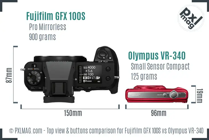 Fujifilm GFX 100S vs Olympus VR-340 top view buttons comparison