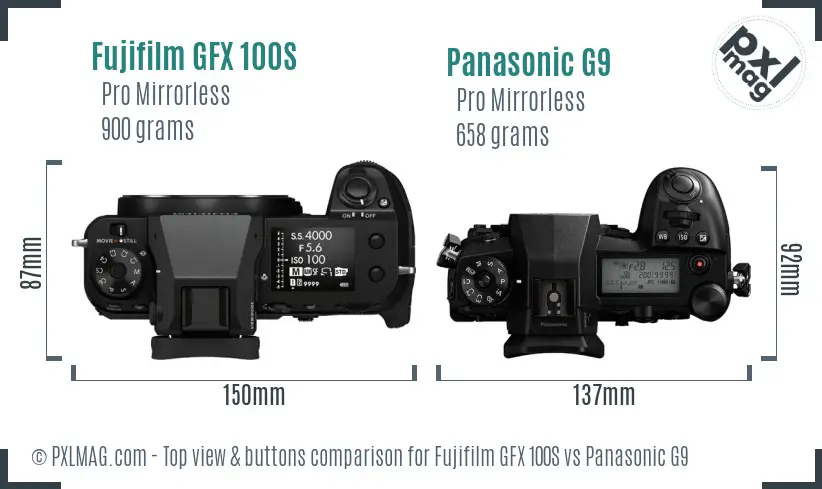 Fujifilm GFX 100S vs Panasonic G9 top view buttons comparison