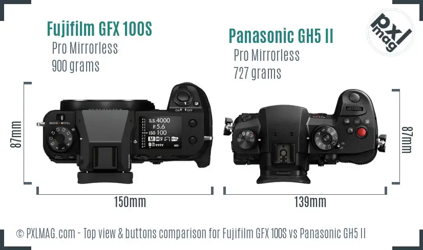 Fujifilm GFX 100S vs Panasonic GH5 II top view buttons comparison