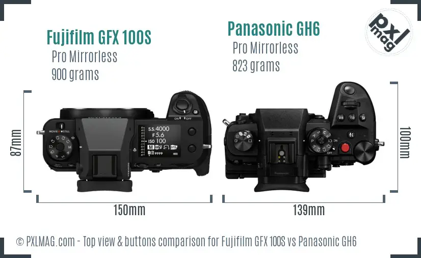 Fujifilm GFX 100S vs Panasonic GH6 top view buttons comparison