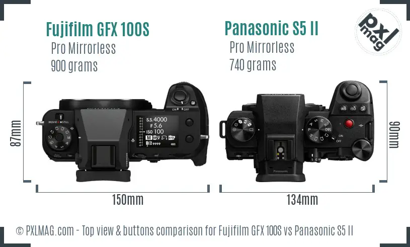 Fujifilm GFX 100S vs Panasonic S5 II top view buttons comparison