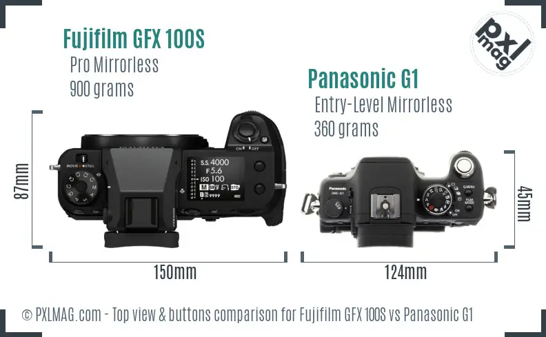 Fujifilm GFX 100S vs Panasonic G1 top view buttons comparison