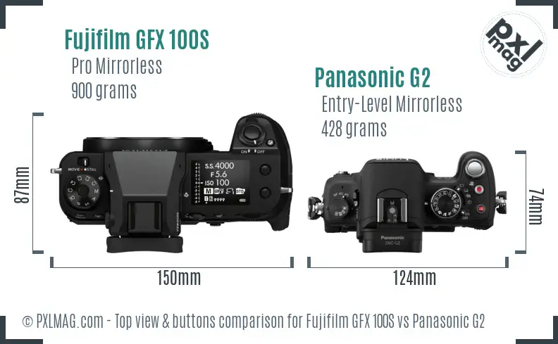 Fujifilm GFX 100S vs Panasonic G2 top view buttons comparison