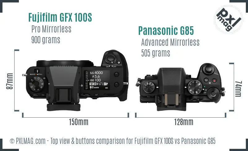 Fujifilm GFX 100S vs Panasonic G85 top view buttons comparison