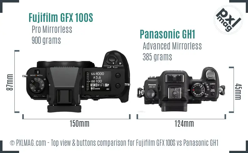 Fujifilm GFX 100S vs Panasonic GH1 top view buttons comparison
