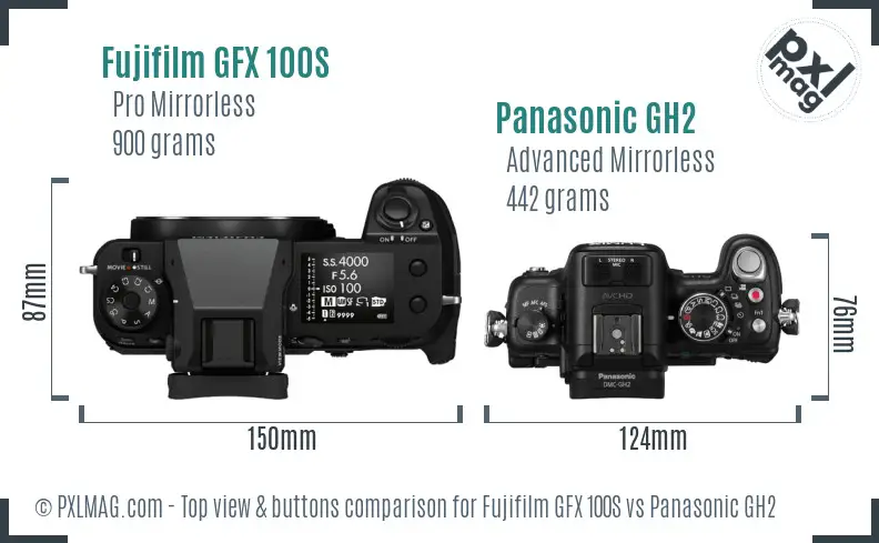 Fujifilm GFX 100S vs Panasonic GH2 top view buttons comparison