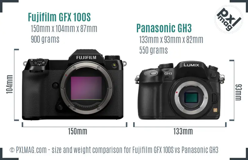 Fujifilm GFX 100S vs Panasonic GH3 size comparison