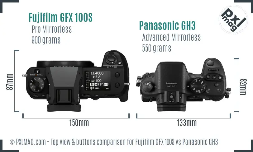 Fujifilm GFX 100S vs Panasonic GH3 top view buttons comparison