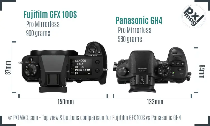 Fujifilm GFX 100S vs Panasonic GH4 top view buttons comparison