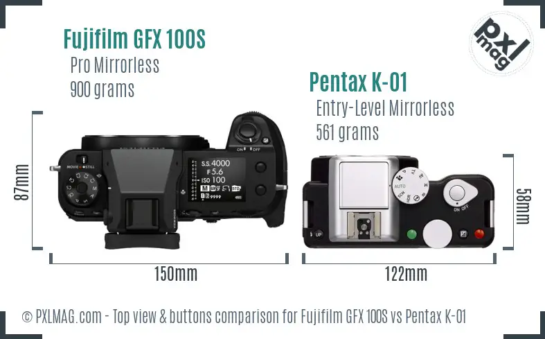 Fujifilm GFX 100S vs Pentax K-01 top view buttons comparison