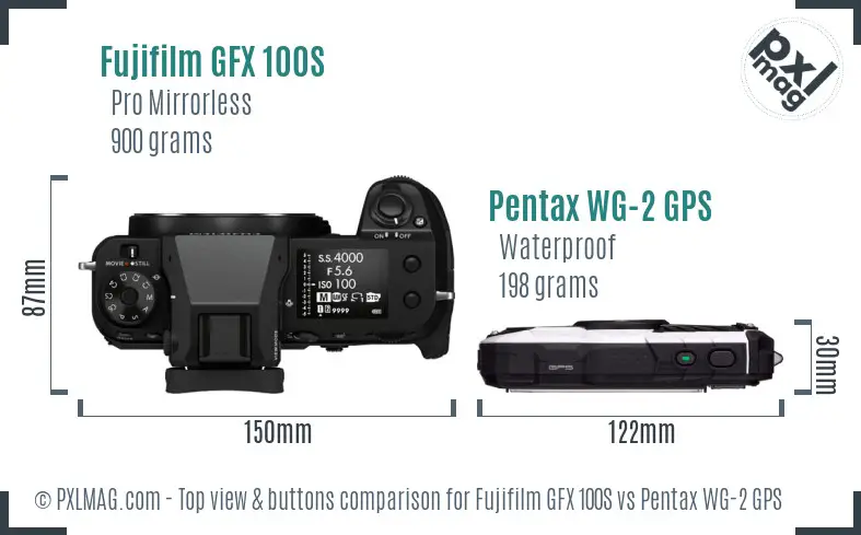 Fujifilm GFX 100S vs Pentax WG-2 GPS top view buttons comparison