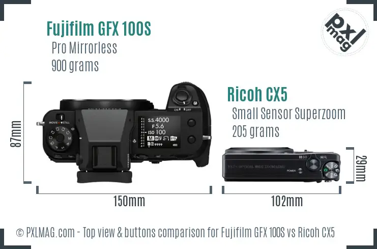 Fujifilm GFX 100S vs Ricoh CX5 top view buttons comparison