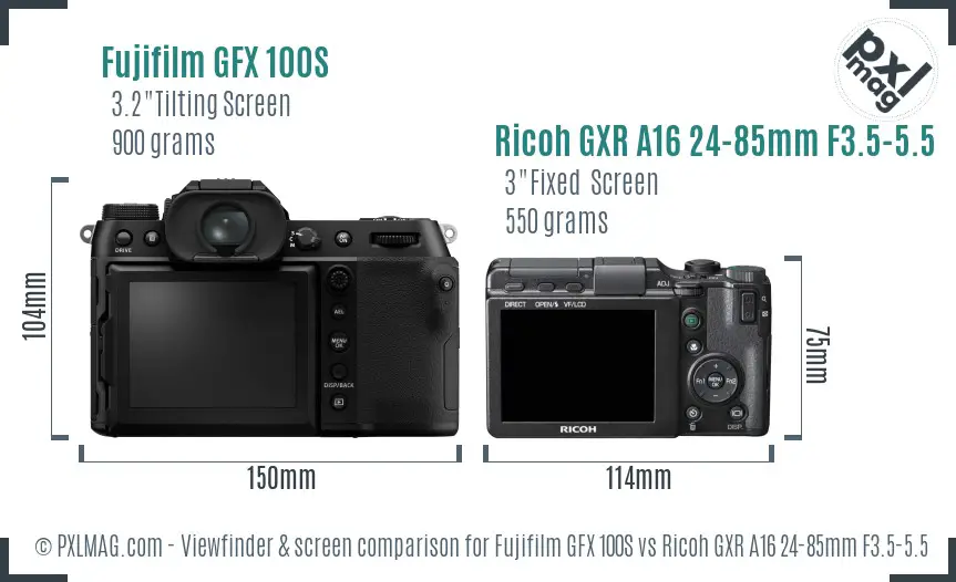 Fujifilm GFX 100S vs Ricoh GXR A16 24-85mm F3.5-5.5 Screen and Viewfinder comparison
