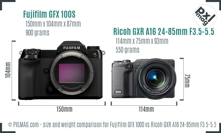 Fujifilm GFX 100S vs Ricoh GXR A16 24-85mm F3.5-5.5 size comparison