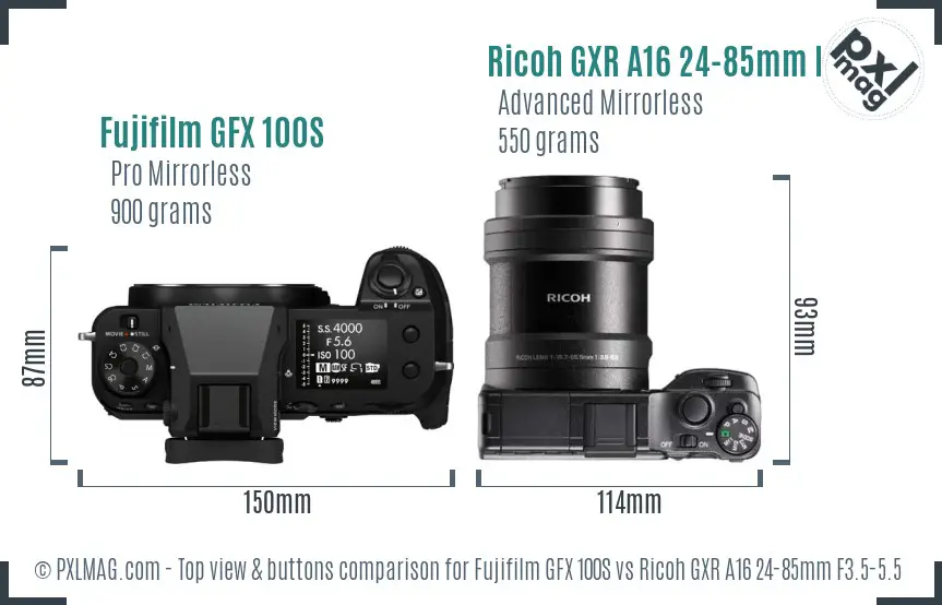 Fujifilm GFX 100S vs Ricoh GXR A16 24-85mm F3.5-5.5 top view buttons comparison