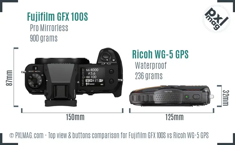 Fujifilm GFX 100S vs Ricoh WG-5 GPS top view buttons comparison Fujifilm GFX 100S vs Ricoh WG-5 GPS top view buttons comparison