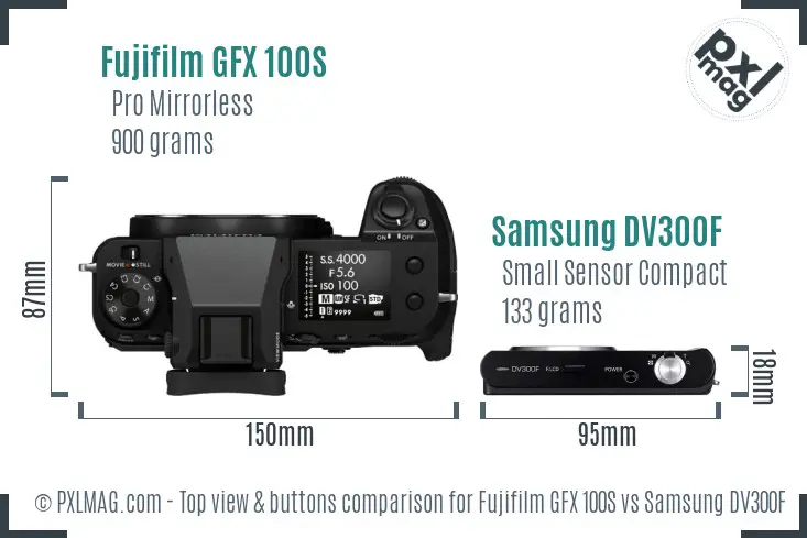 Fujifilm GFX 100S vs Samsung DV300F top view buttons comparison