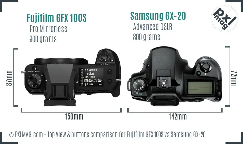 Fujifilm GFX 100S vs Samsung GX-20 top view buttons comparison