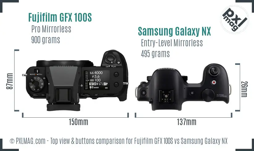 Fujifilm GFX 100S vs Samsung Galaxy NX top view buttons comparison