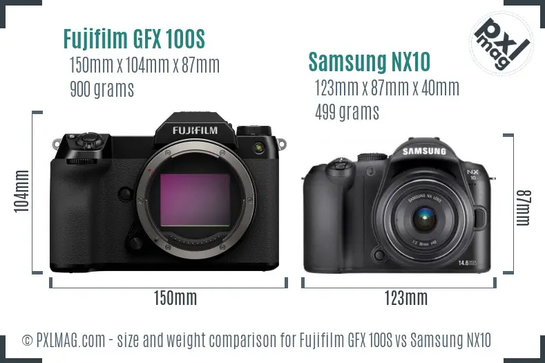 Fujifilm GFX 100S vs Samsung NX10 size comparison