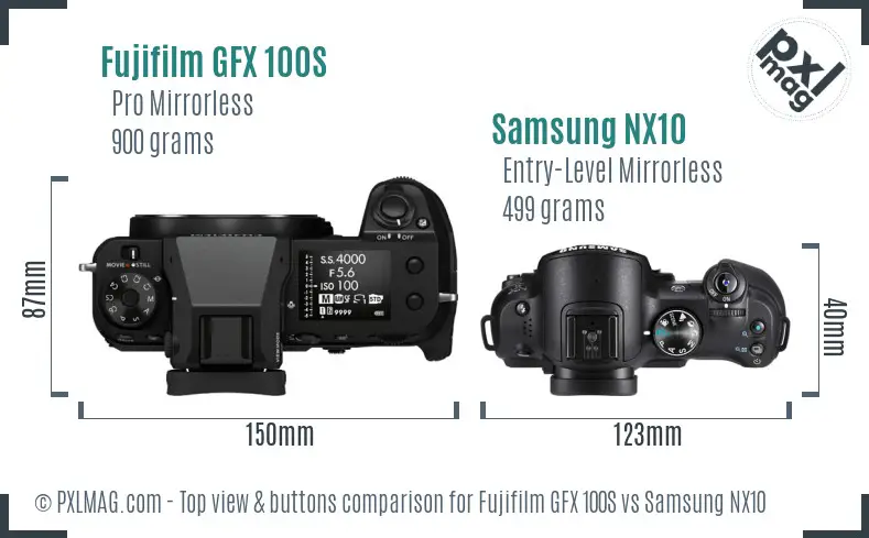 Fujifilm GFX 100S vs Samsung NX10 top view buttons comparison