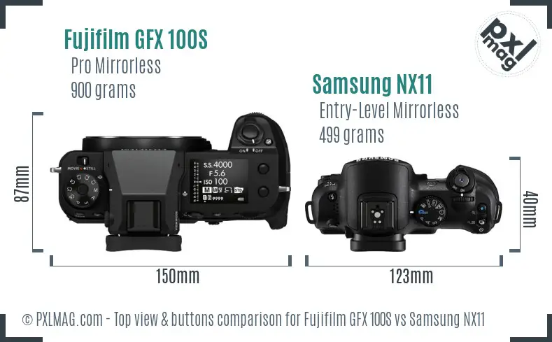 Fujifilm GFX 100S vs Samsung NX11 top view buttons comparison