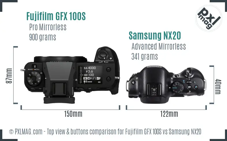 Fujifilm GFX 100S vs Samsung NX20 top view buttons comparison