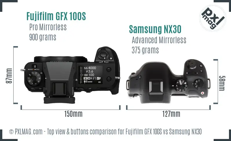 Fujifilm GFX 100S vs Samsung NX30 top view buttons comparison
