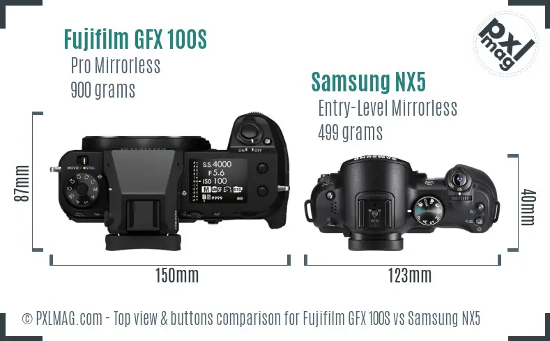 Fujifilm GFX 100S vs Samsung NX5 top view buttons comparison