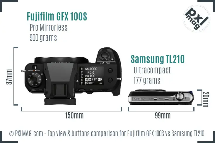 Fujifilm GFX 100S vs Samsung TL210 top view buttons comparison