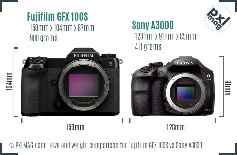 Fujifilm GFX 100S vs Sony A3000 size comparison