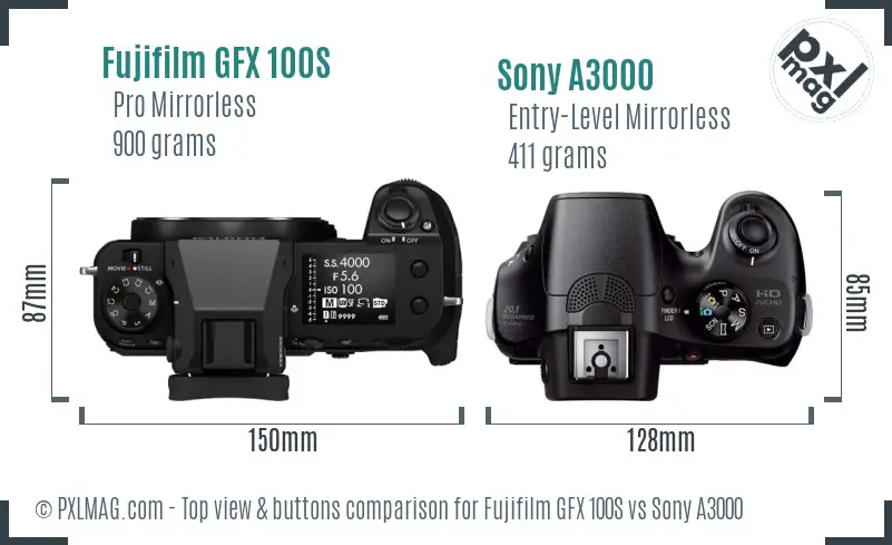 Fujifilm GFX 100S vs Sony A3000 top view buttons comparison