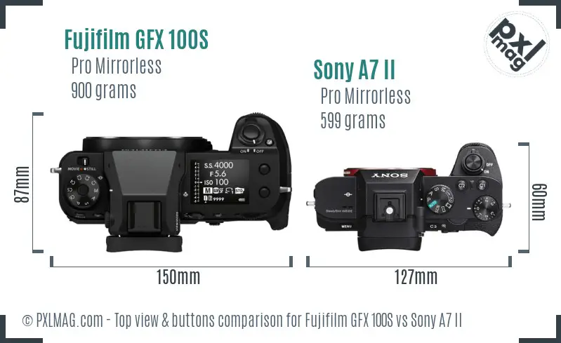 Fujifilm GFX 100S vs Sony A7 II top view buttons comparison