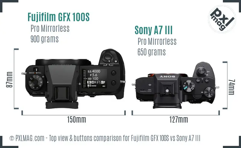 Fujifilm GFX 100S vs Sony A7 III top view buttons comparison