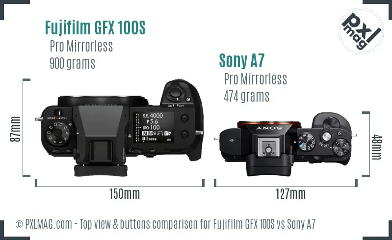 Fujifilm GFX 100S vs Sony A7 top view buttons comparison
