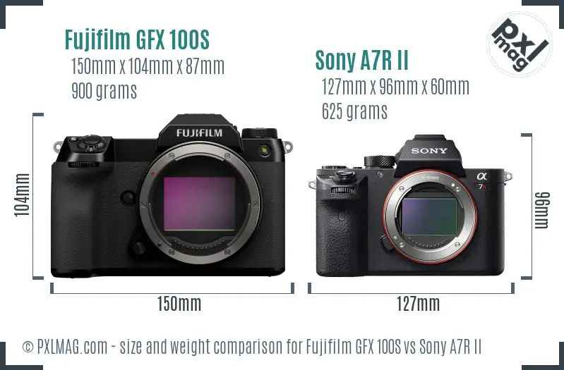 Fujifilm GFX 100S vs Sony A7R II size comparison