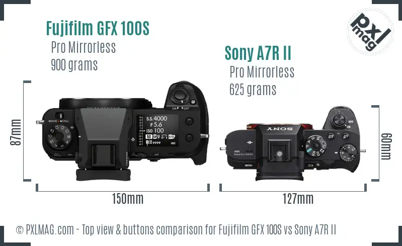 Fujifilm GFX 100S vs Sony A7R II top view buttons comparison