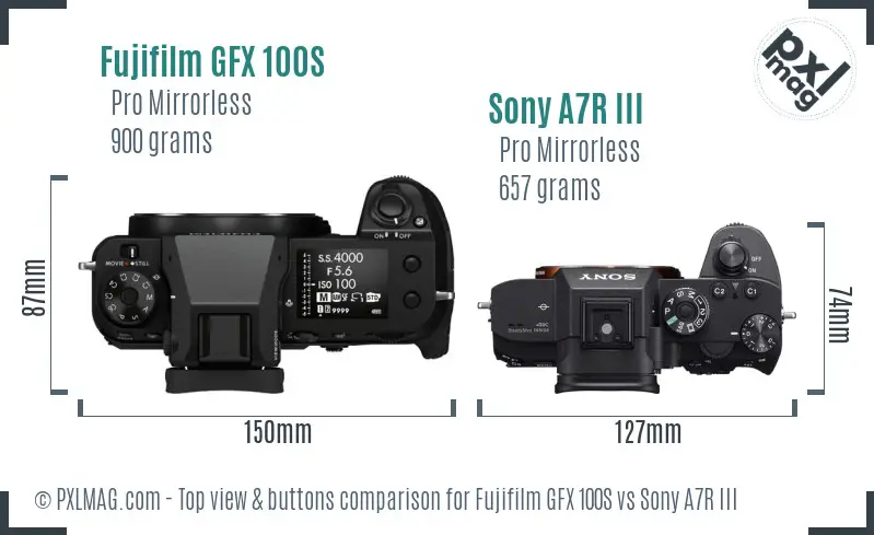 Fujifilm GFX 100S vs Sony A7R III top view buttons comparison