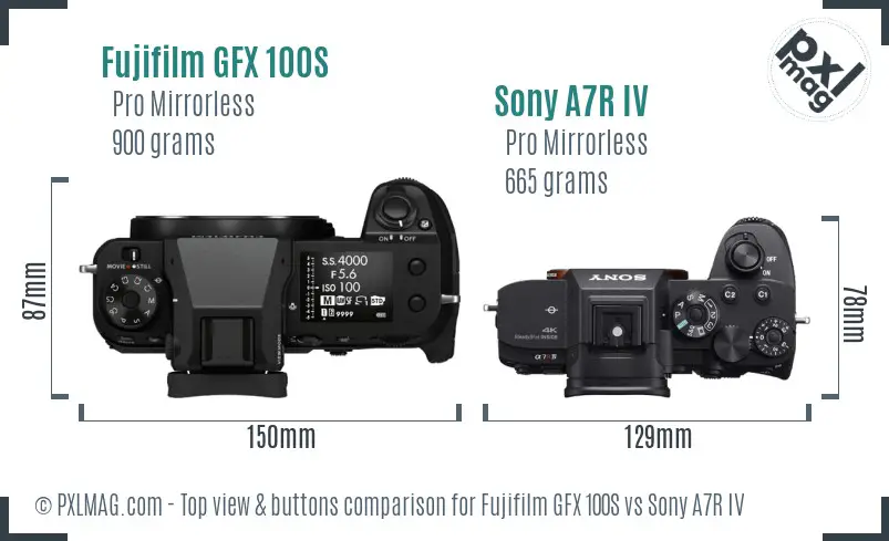 Fujifilm GFX 100S vs Sony A7R IV top view buttons comparison