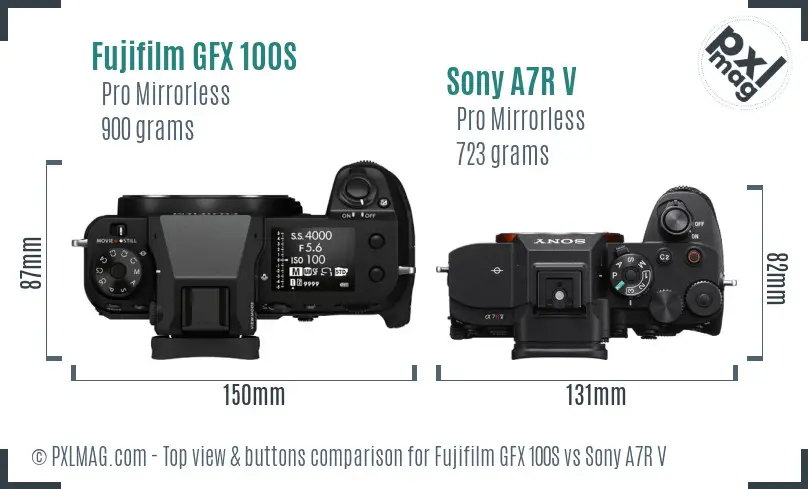 Fujifilm GFX 100S vs Sony A7R V top view buttons comparison