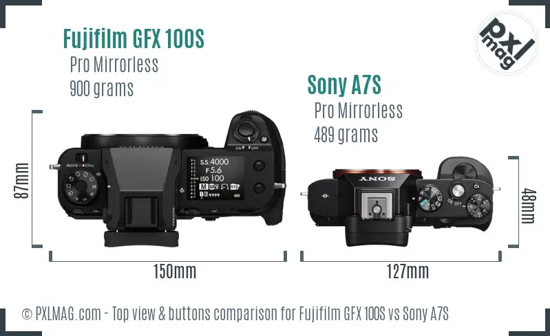 Fujifilm GFX 100S vs Sony A7S top view buttons comparison
