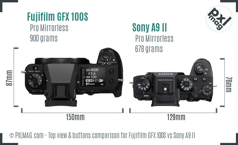 Fujifilm GFX 100S vs Sony A9 II top view buttons comparison