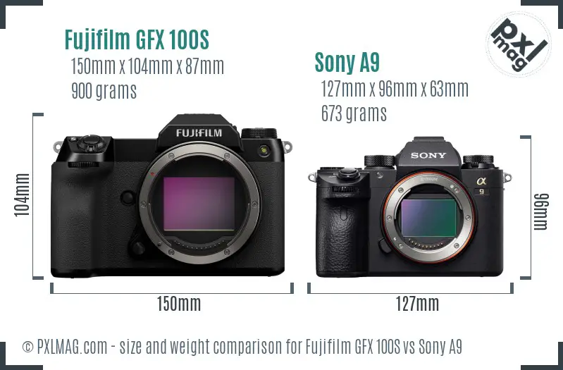 Fujifilm GFX 100S vs Sony A9 size comparison