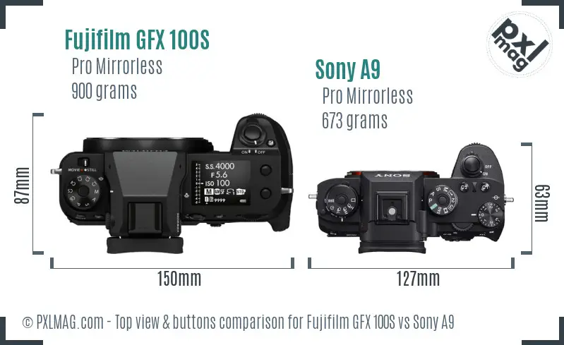 Fujifilm GFX 100S vs Sony A9 top view buttons comparison