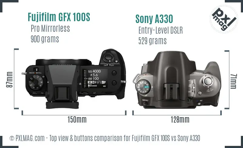 Fujifilm GFX 100S vs Sony A330 top view buttons comparison
