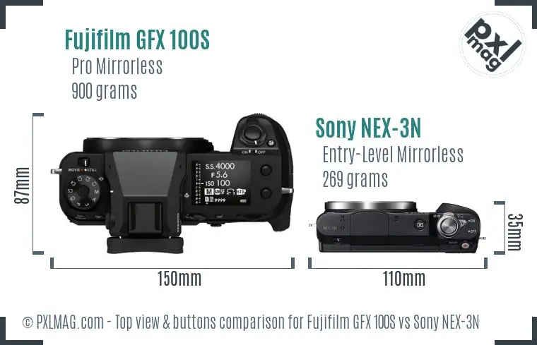 Fujifilm GFX 100S vs Sony NEX-3N top view buttons comparison