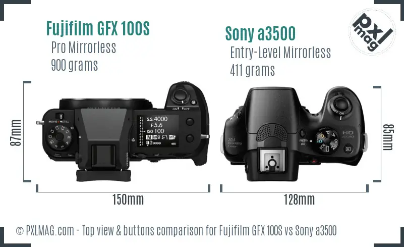 Fujifilm GFX 100S vs Sony a3500 top view buttons comparison