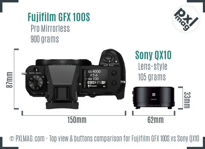 Fujifilm GFX 100S vs Sony QX10 top view buttons comparison